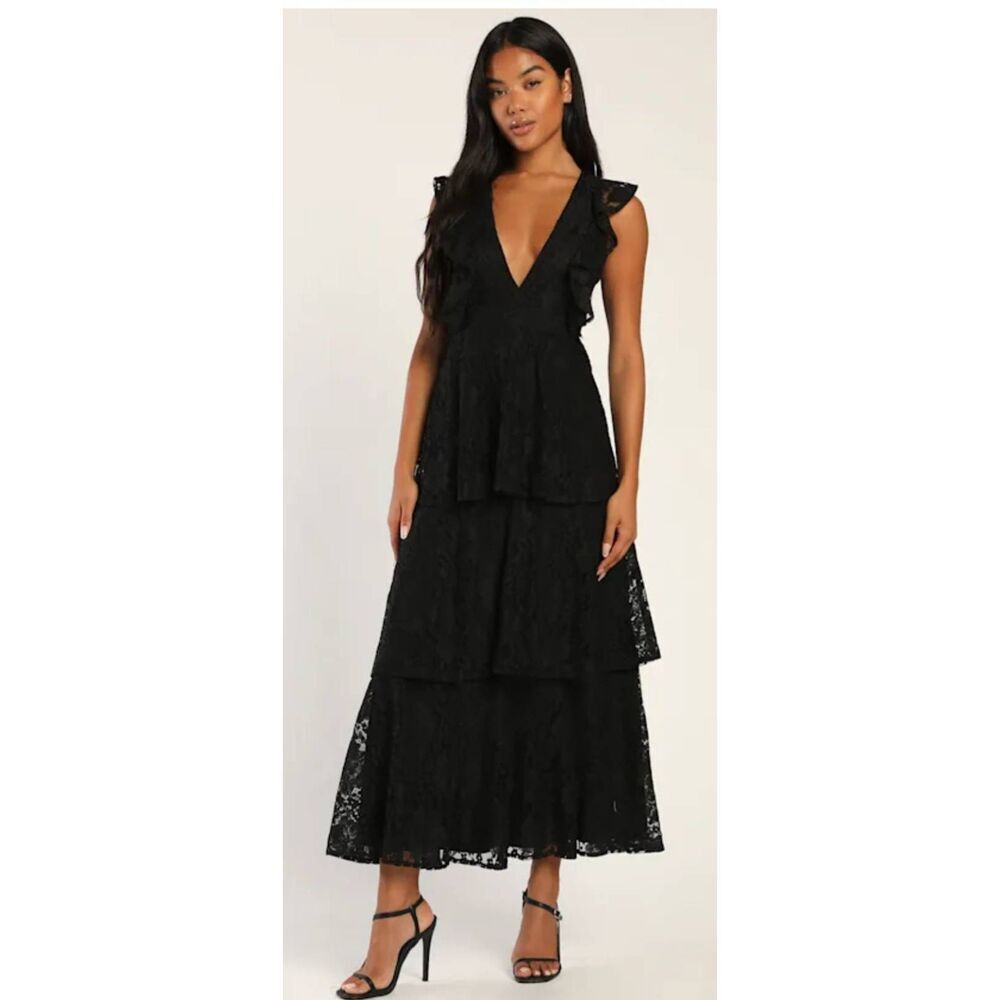 Lulus Molinetto Black Lace Ruffled Tiered Sleeveless Maxi Dress, V-Neck, EUC, L